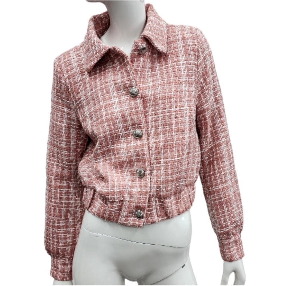 NWT Walter Baker Cropped Pink & White Tweed Moto Jacket - Picture 2 of 6